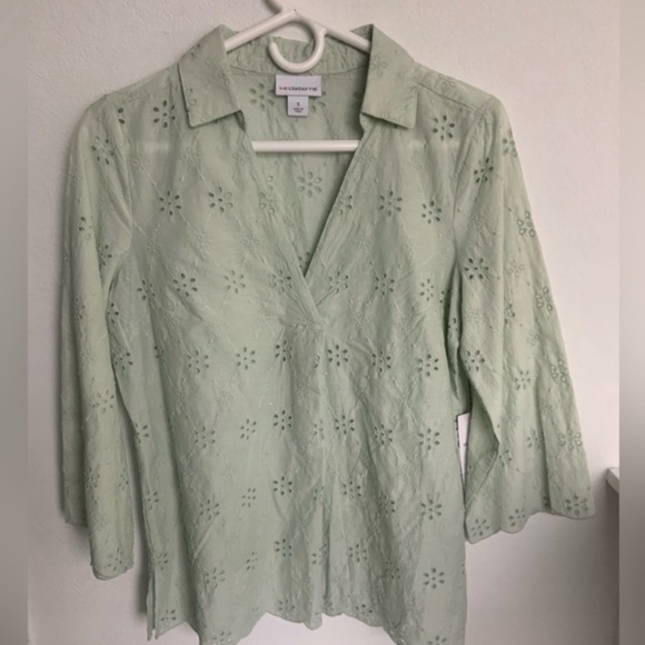 Liz Claiborne Eyelet Cotton Collared Blouse Seafoam Green Women’s Tunic - Picture 6 of 10